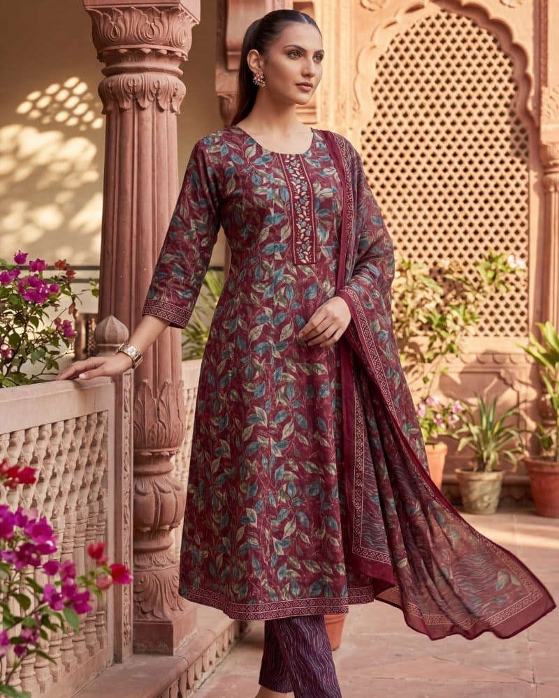 Wine Floral 3-Piece Kurta Set with Dupatta
