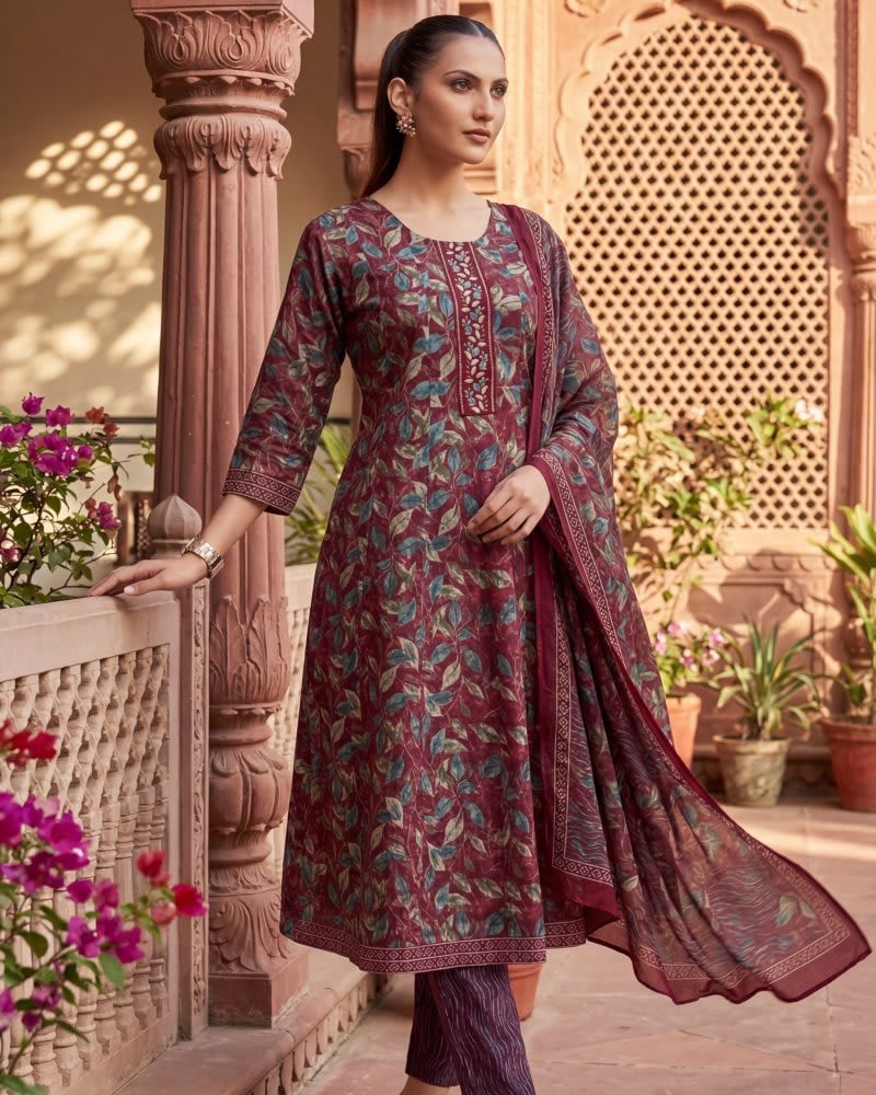 Wine Floral 3-Piece Kurta Set with Dupatta