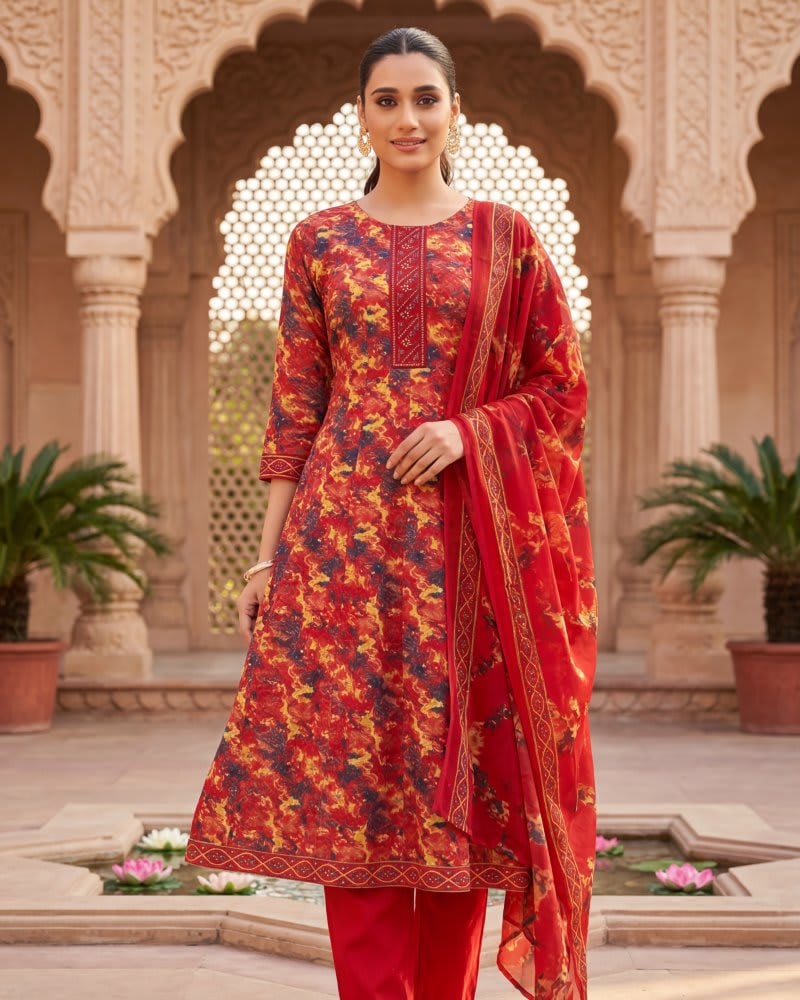 Crimson Flame 3-Piece Kurta Set with Dupatta