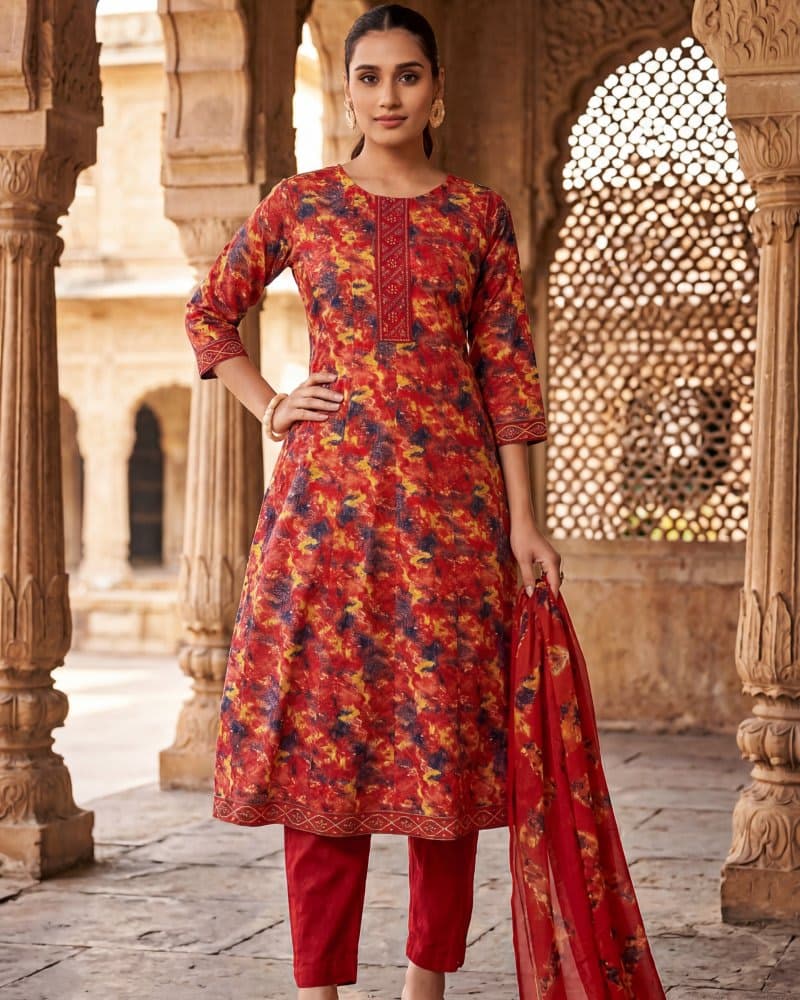 Crimson Flame 3-Piece Kurta Set with Dupatta