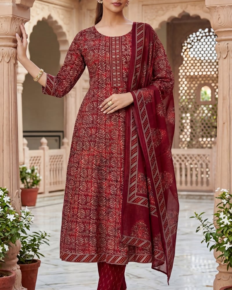 Royal Maroon Leaf Print 3-Piece Kurta Set
