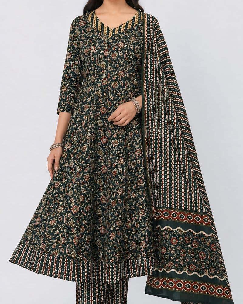 Dark Green Floral Cotton Anarkali Set - Libaas
