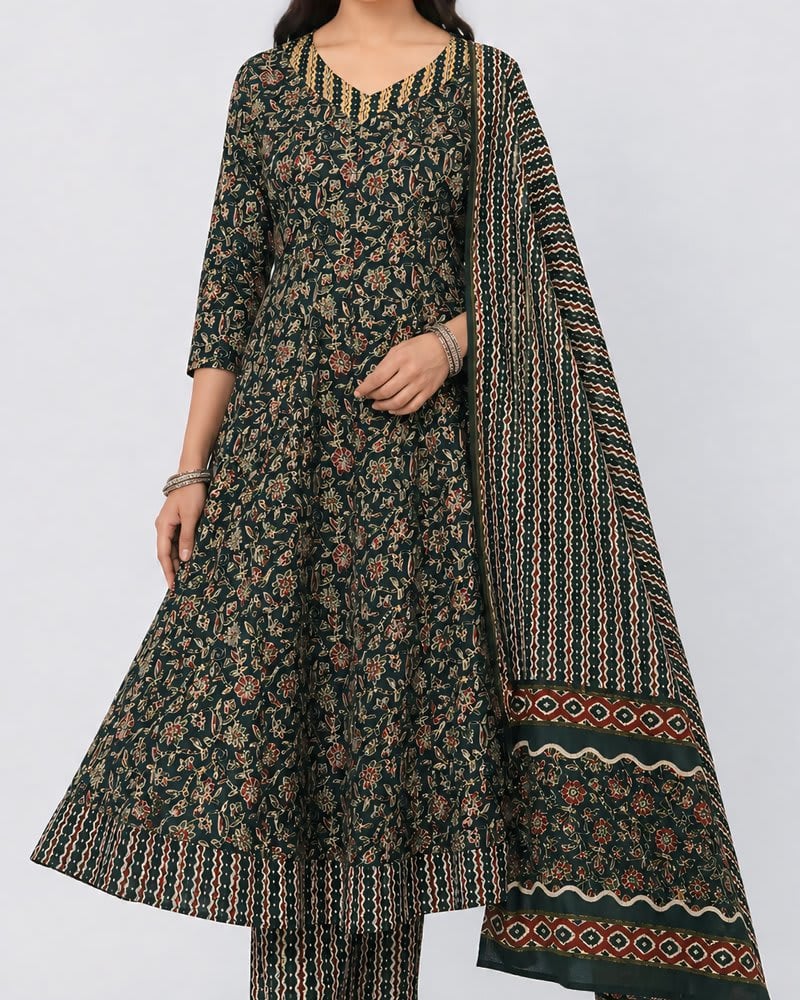 Dark Green Floral Cotton Anarkali Set - Libaas