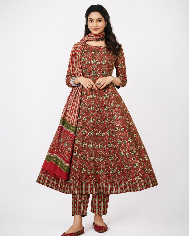 Red Floral Printed Cotton Anarkali Set with Dupatta