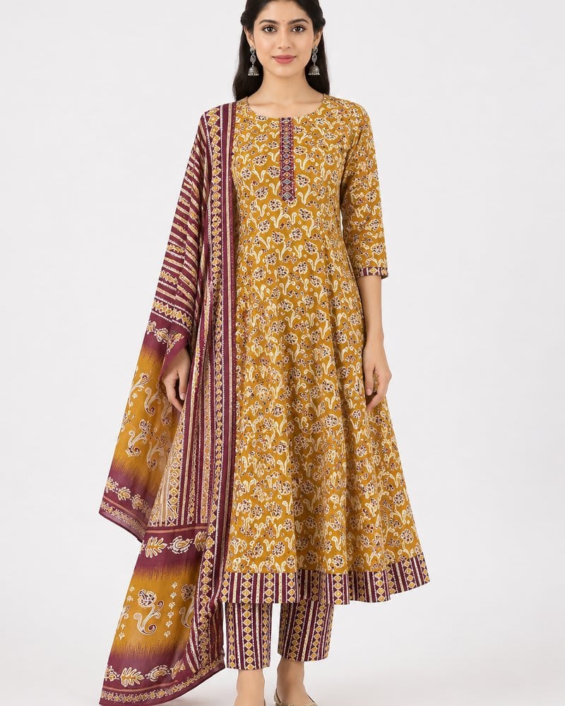 Mustard Floral Cotton Anarkali 3-Piece Set with Dupatta & Kurta Pockets