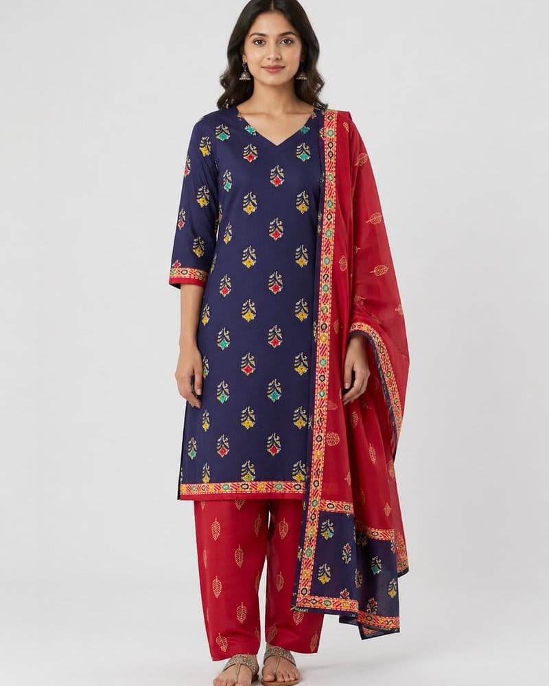 Navy Blue Floral Cotton Kurta Set with Ruby red Bottom & Dupatta
