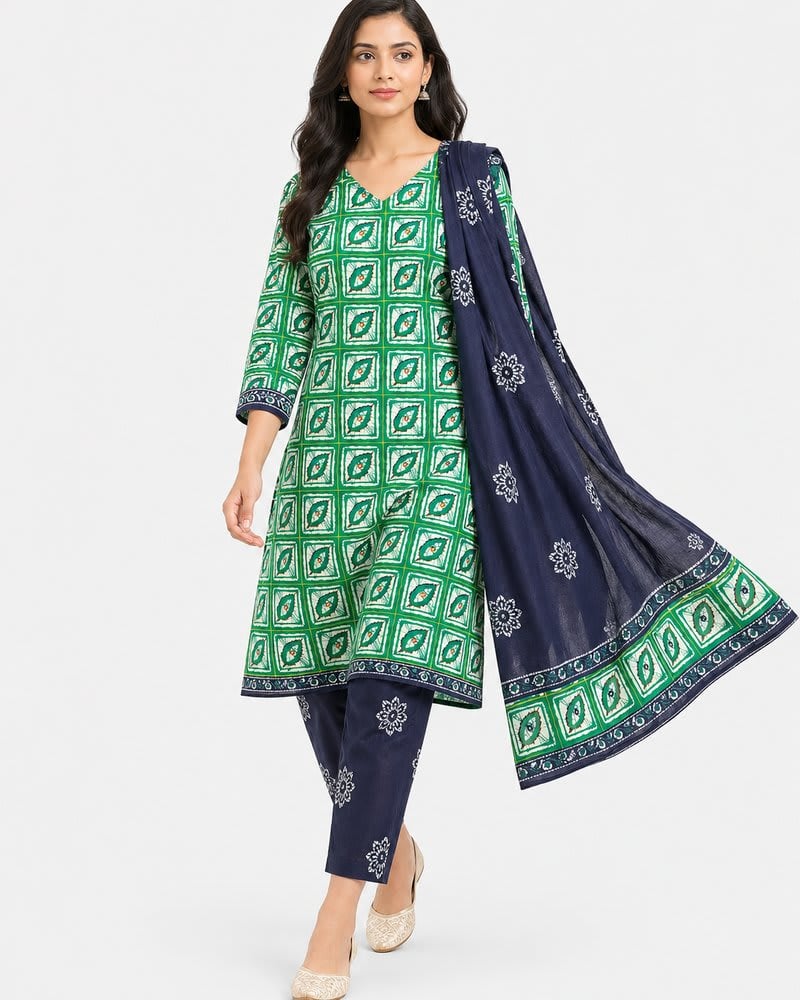 Emerald Grid Cotton Kurta Set (3-Piece)