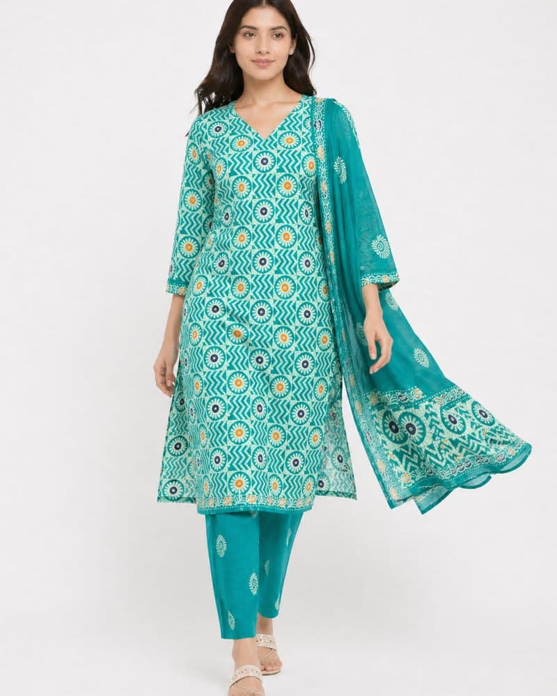 Teal Handblock Cotton Kurta Set with Dupatta