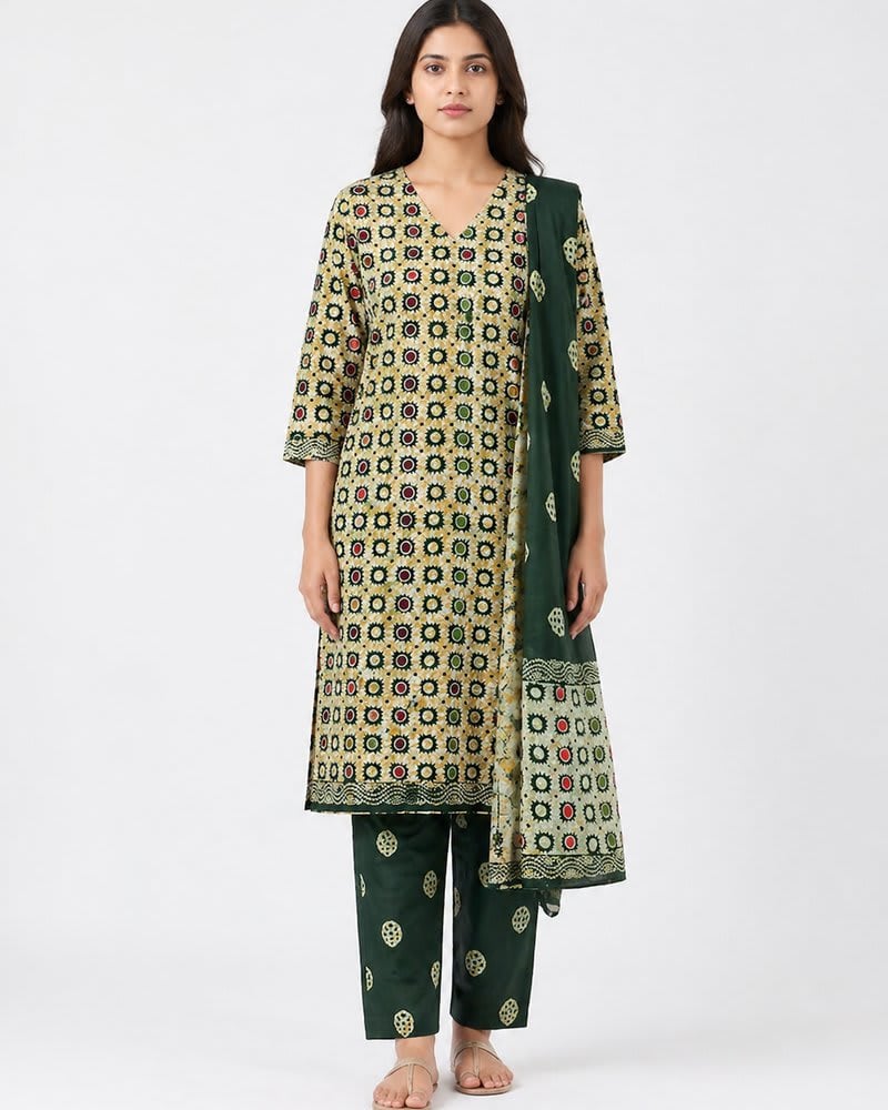 Forest Green Handblock Cotton Kurta Set with Dupatta
