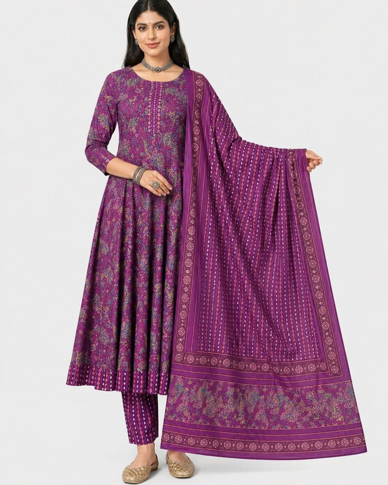 Magenta Paisley Cotton Anarkali Set with Dupatta