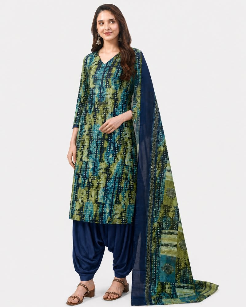 Indigo Olive Printed Cotton Kurta Set with Patiala & Dupatta