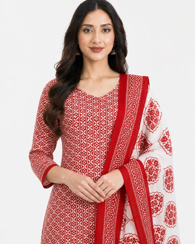 Rose Pink & Off-White Block Print Unstitched Cotton Suit Set