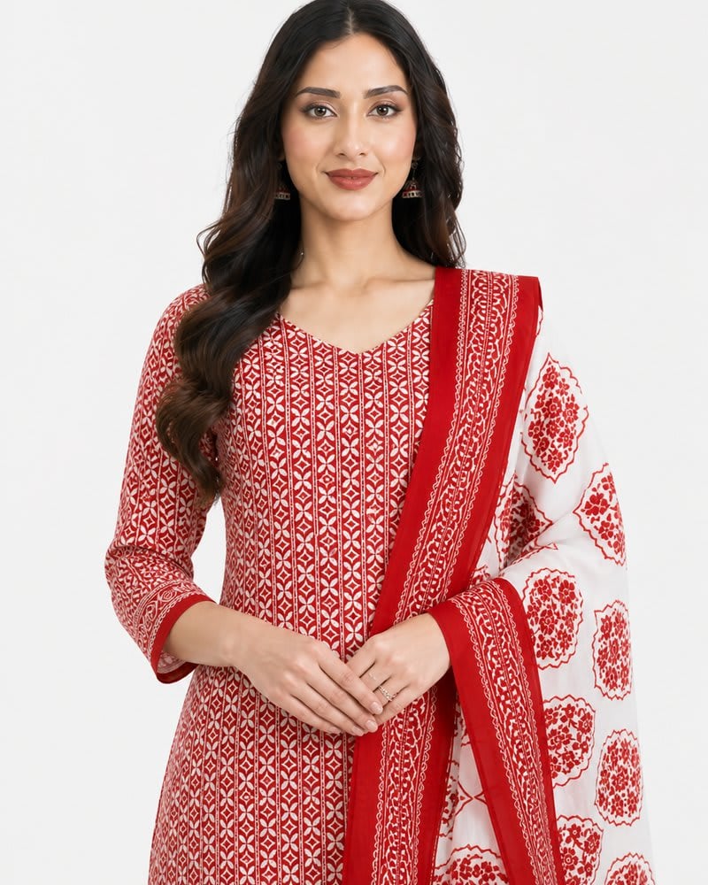Rose Pink & Off-White Block Print Unstitched Cotton Suit Set
