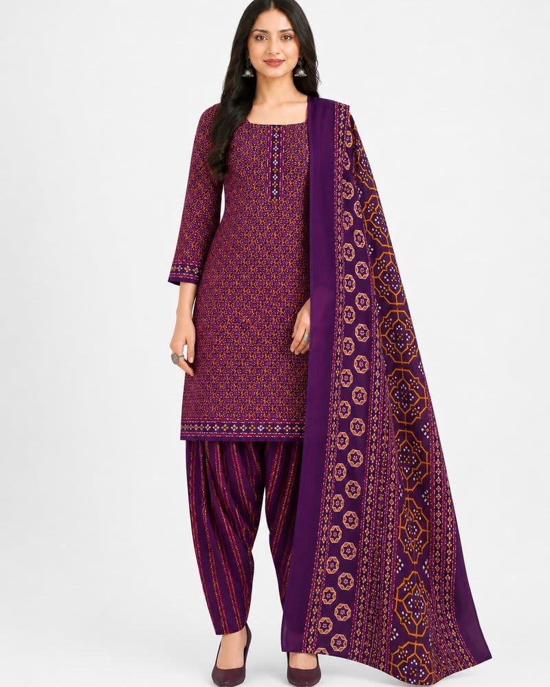 Royal Purple Geometric Print Cotton Unstitched Suit Set