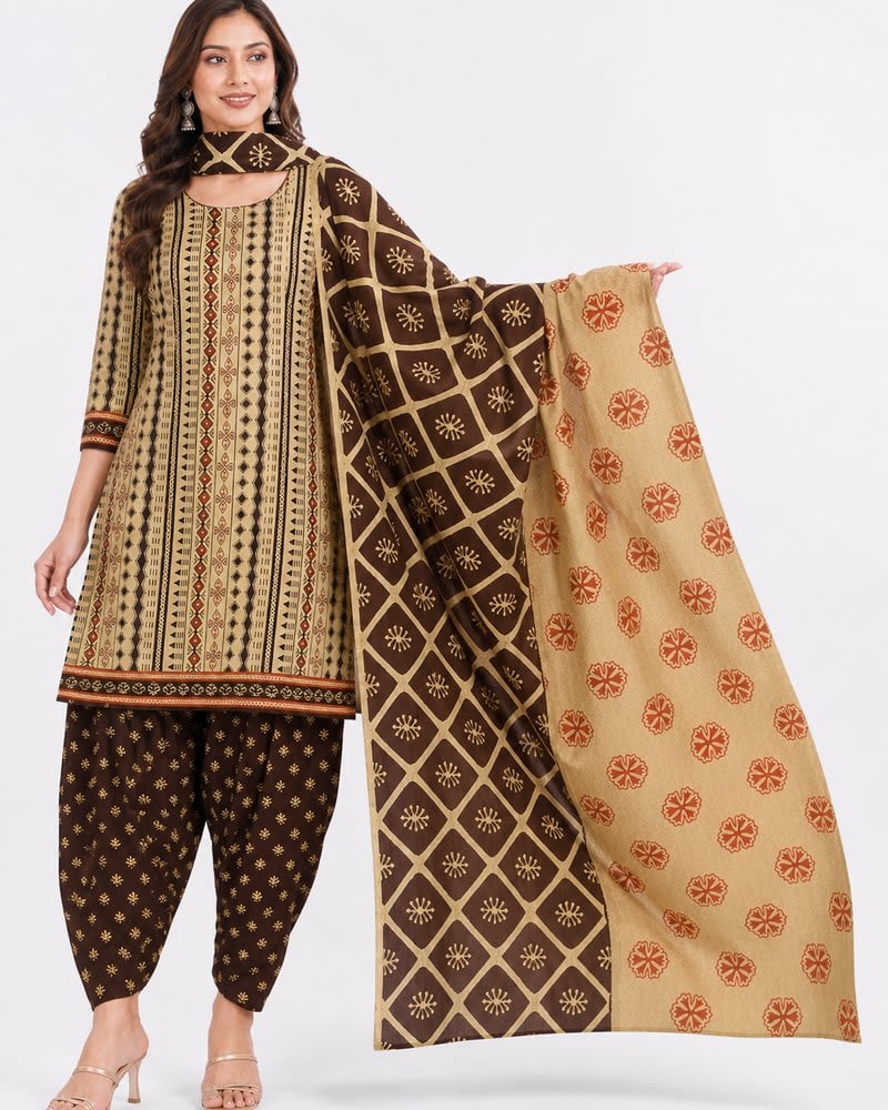 Beige & Dark Brown Tribal Print Unstitched Heavy Cotton Salwar Suit Dress Material