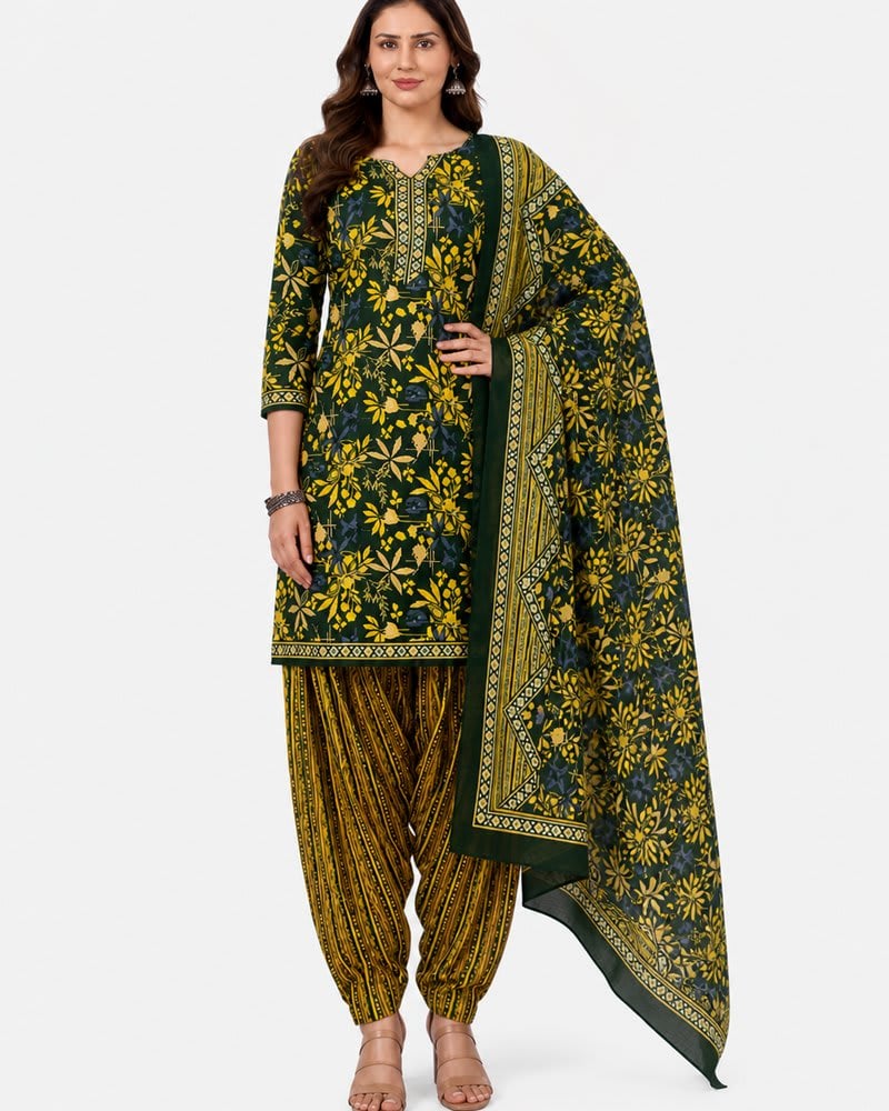 Dark Green & Mustard Floral Printed Cotton Unstitched Suit Set