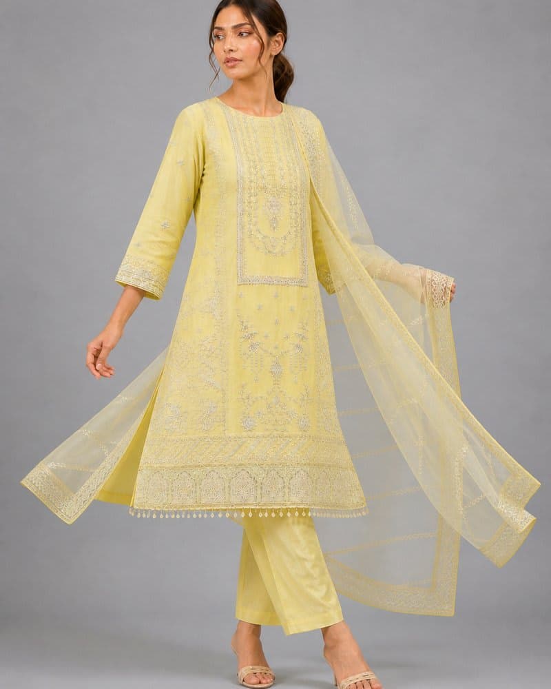 Pista Yellow Embroidered Pakistani Kurta Set with Organza Dupatta