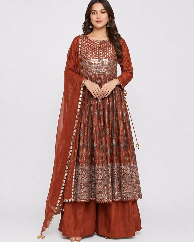 Rust Copper Naira Cut Kurta Set with Stone Work & Plazo