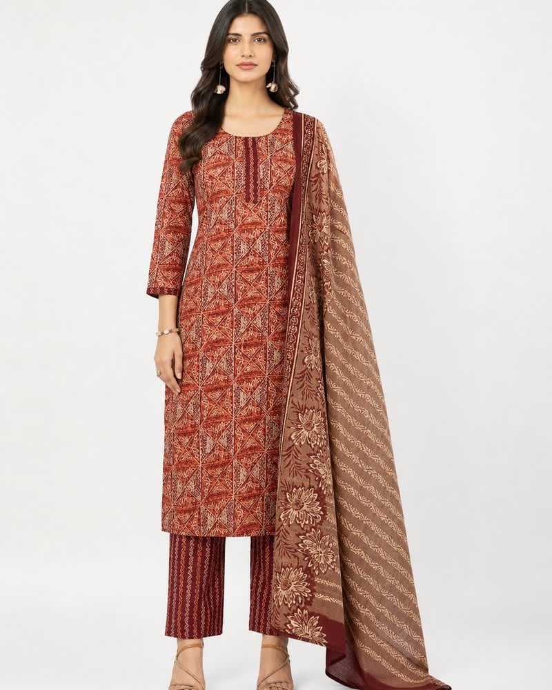 Rust Maroon Ethnic Cotton Kurta Set with Dupatta