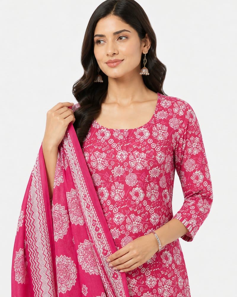 Rose Pink Floral Cotton Kurta Set with Dupatta