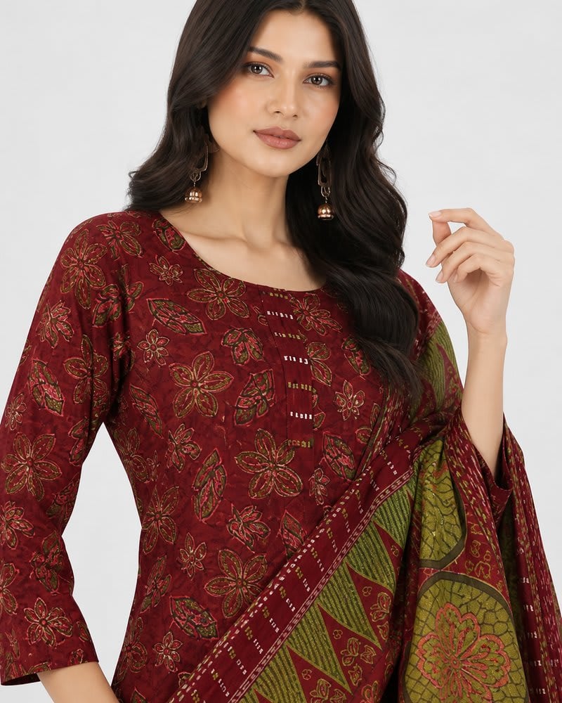 Maroon Floral Cotton Kurta Set with Statement Dupatta