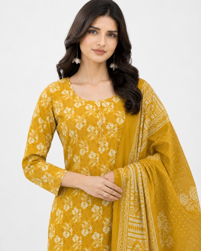 Mustard Yellow Cotton Kurta Set with Printed Dupatta