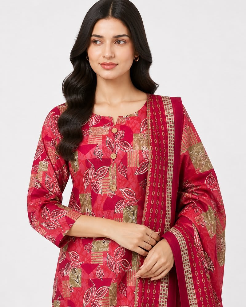 Ruby Red Abstract Leaf Print Cotton Kurta Set with Dupatta